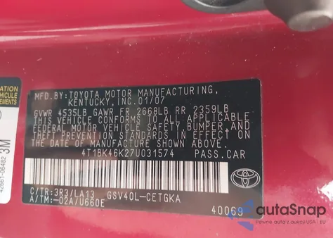 2007 Toyota Camry Xle V6 from USA, damaged, VIN 4T1BK46K27U031574